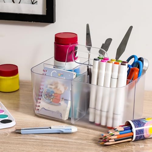 Multiuse Caddy Organizer with Handle, Portable Plastic Tote Bin - Art Craft, Stationary Pen Marker Crayons, Makeup Hair Supplies Storage - Bathroom, Classroom, Dorm, Office, Desk Holder -Frosted Clear - color: Frosted Clear