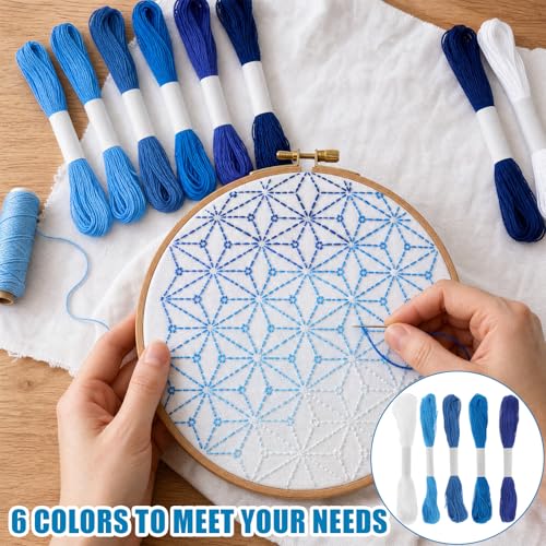 32 Pcs Sashiko Thread Kit, 12 Strands Blue Sashiko Thread and 20 Needles