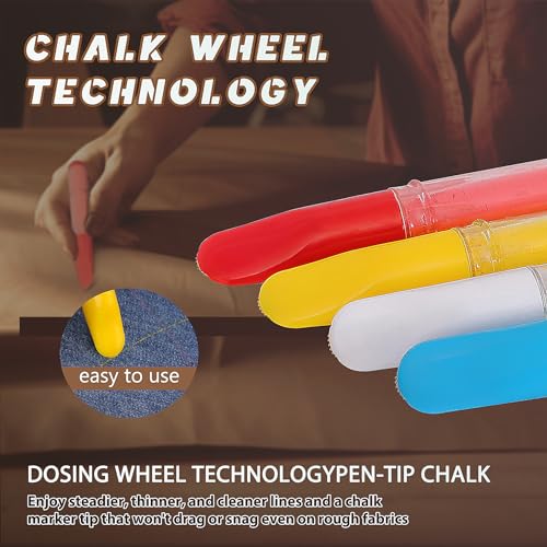 Fabric Chalk Markers for Sewing,Quilting,Crafting|Erasable Tailor Chalk|Work on Various Fabrics|Dosing Wheel Drawing Intricate Patterns Precise Lines-Per Pack(Red,Yellow,Blue,White and 1Ruler)