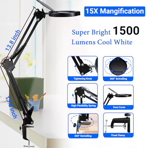 15X Magnifying Glass Desk Lamp with Clamp, Real Glass Lens, 84 LEDs, 5 Color Modes Dimmable, Led Lamp Magnifier with Dust Cover, USB Charger, Clean Cloth, Ideal Gift for Seniors, Crafters, Hobbyists