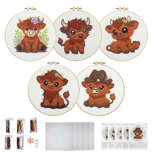 Kuabiz 5 Sets Highland Cow Embroidery Kits for Beginners Cross Stitch Kit for Adults Highland Cow Pattern Embroidery Starter Kit Embroiderys Hoop Needlepoint Kits with Instruction Needles Threads - style: Highland Cow