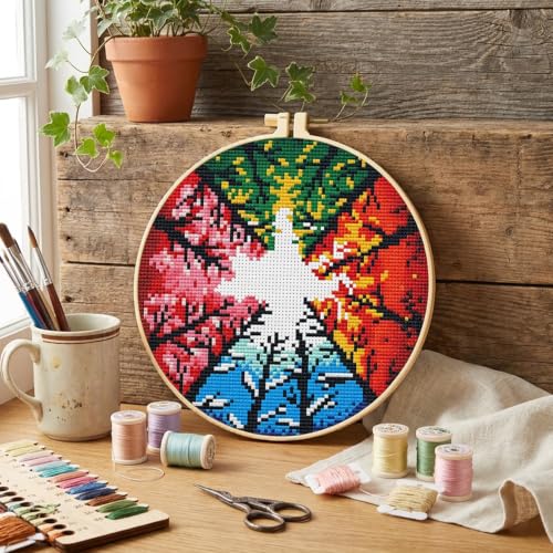 Stamped Cross Stitch Kits for Beginners Adults-Tree,with Embroidery Hoop - color: Tree-2605