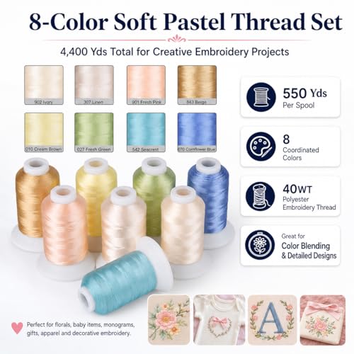 Simthread Pastel Embroidery Thread Set, 8 Brother Color Shades, 40WT Polyester Machine Embroidery Thread, 550 Yards Each Spool for Brother Babylock Janome Singer and Other Embroidery Machines - color: 550YPastelBrother