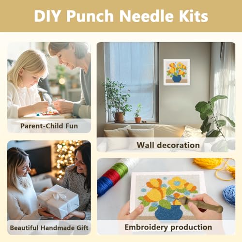 Doodlream Flowers Vase DIY Punch Needle Embroidery Kit for Adult Beginner, 9.4" Floral Punch Stitching Craft Set for Starter with Frame, Fabric Pattern, Threader, Yarn, Pinch Needle - color: Flowers Vase