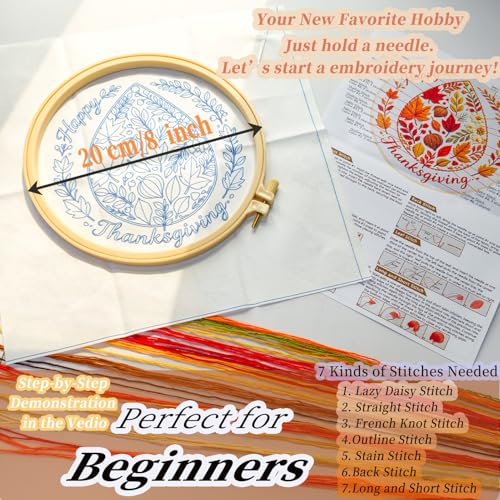 FONNUY Fall Embroidery Kit, Handmade Autumn Wreath Pre-Stamped Pattern for Beginners, Thanksgiving Harvest Home Decor, 8'' Hoop (Maple Leaves) - color: Maple Leaves