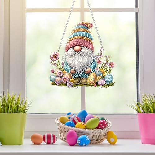 NAIMOER Easter Gnome Diamond Art Hanging Kits for Adults, 5D Special Shaped Rhinestone, DIY Acrylic Spring Diamond Art Painting Window Pendants Home Garden Wall Hanging Ornament Kits, Double Sided - color: Easter 05
