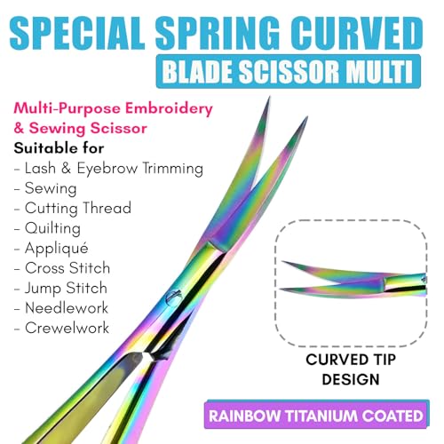 Cross Edge Curved Spring Scissors 5 Inch Stainless Steel Precision Eyebrow & Eyelash Shaping & Trimming Scissor, Snips Squeeze, Embroidery, Knitting Micro Tip Craft Scissors (Rainbow) - color: Cec-ss-27