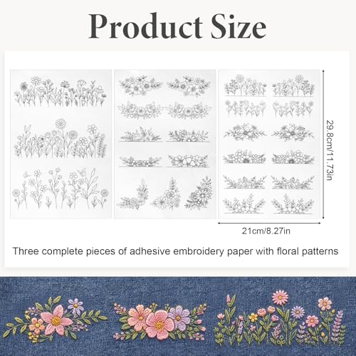 3 Sheets Embroidery Patterns Water Soluble Stick and Stitch Embroidery Paper Pre-Printed Floral, Flower Transfer Paper for Beginners Hand Sewing Lovers