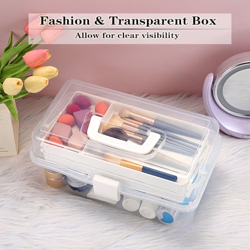 BTSKY 3-Layer Clear Plastic Dividing Storage Box Craft Organizer and Storage with Adjustable Spacers Portable Handled Art Supply Organizer Multipurpose Home Utility Box Sewing Organizers(Beige White) - color: Clear+Beige White