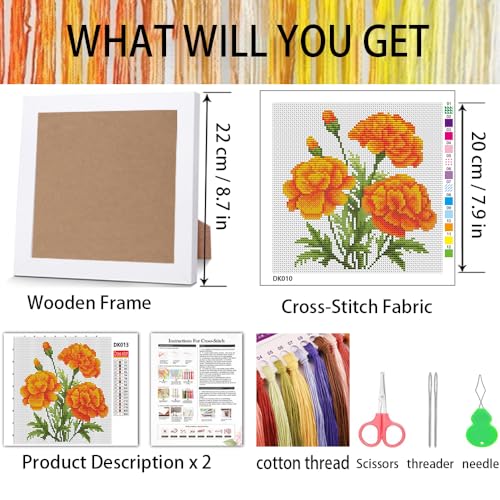 Marigold Stamped Cross Stitch Kits for Adult Beginner with Wooden Frame - color: Marigold Cross Stitch with Framed