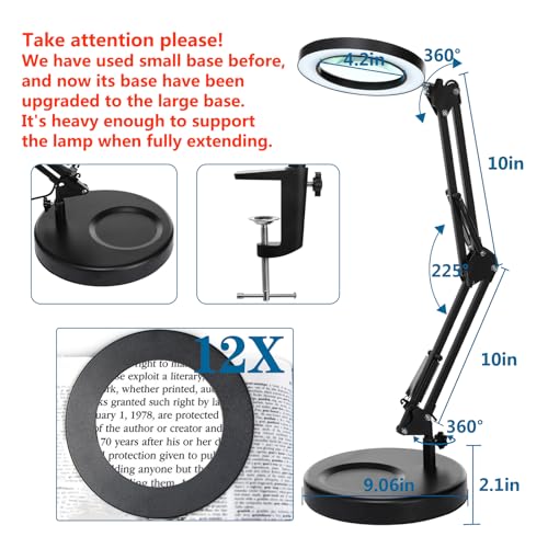 HITTI 12X Magnifying Glass with Light, 1,800 Lumens Stepless Dimmable - color: Black, size: 12X 9.06 INCH Base & Clamp