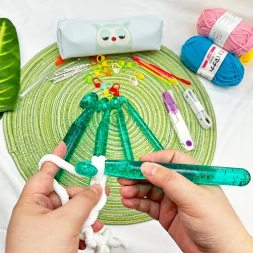 43 Pcs Large Crochet Hooks Set,12mm 15mm 18mm 20mm 25mm Large Crochet Hooks for Chunky Yarn,Plastic Crystal Smooth Big Crochet Needles for Handmade DIY Crochet with Storage Bag - color: Green