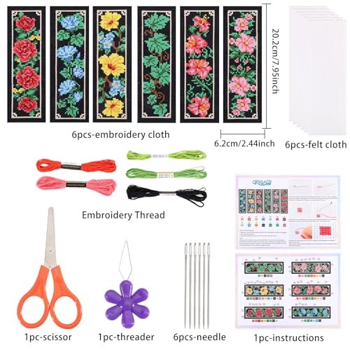 ORIGACH 6 Set Dark Floral & Vine Cross Stitch Bookmark Kit for Beginner - style: Floral and Vine