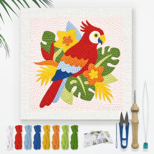 DOODLREAM Tropical Parrot Needle Kit for Beginner, 9.4"x 9.4" Jungle Floral Punch Stitching Craft Set, Color Bird DIY Embroidery Starter with Printed Frame, Instruction, Threader, Yarn, Pinch Needle - color: Parrot