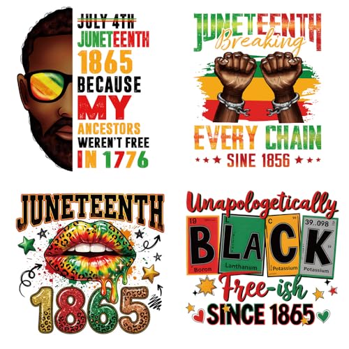 Juneteenth Heat Transfer Vinyl HTV Decals 4PCS Black History Iron on Patches for Clothing Black Men Fist Lips Power Matter Design Washable DTF Ready to Press Patches for Pillow Cover Pants DIY Decor - color: Juneteenth D