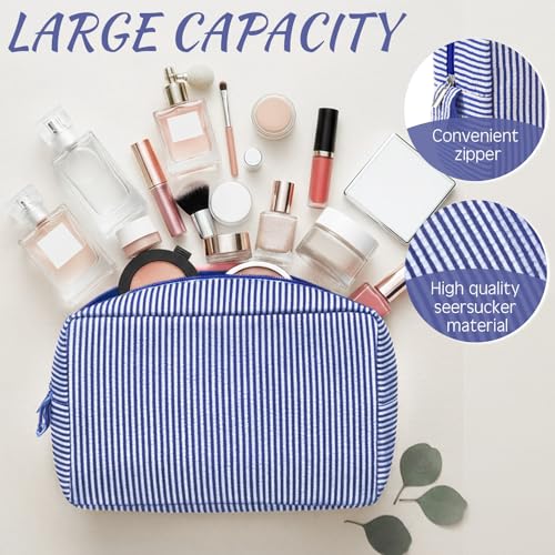 Sanwuta 3 Pcs Seersucker Makeup Bags, Navy Blue - color: Navy Blue