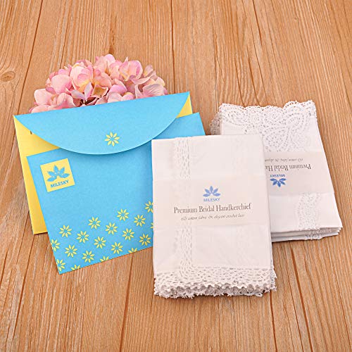 Milesky White Wedding Handkerchief Pure Cotton, Soft Ladies Hanky with Crochet Lace - color: Ch01