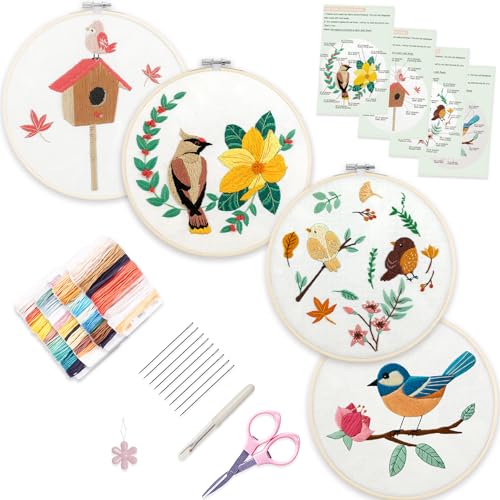 Bonroy 4 Sets Embroidery Set for Beginners, Art Craft, Easy Sewing, Includes Embroidery Clothing, Pattern, Embroidery Hoop, Instruction Manual, Colorful Thread Needles Set (6 Pieces) - color: Bird