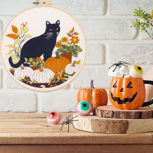 IUHUI Embroidery Kit for Beginners Adults - Black Cat and Pumpkin Themed Halloween Easy Patterns, DIY Hand Stitching Embroidery Set with Hoop (Black Cat Autumn Flower) - color: Black Cat Autumn Flower