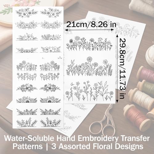 Water Soluble Embroidery Patterns 3 Sheets Stick and Stitch Stabilizer with Pre Printed Floral Flower Leave Designs for Hand Sewing