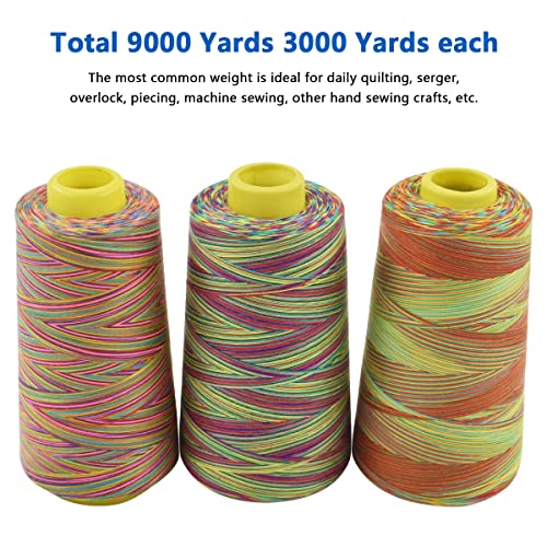Rainbow Variegated Polyester Sewing Machine Thread - All-Purpose 3 Cones of 3000 Yards Each for Sewing, Quilting, Overlock, Embroidery & Hand Embroidery