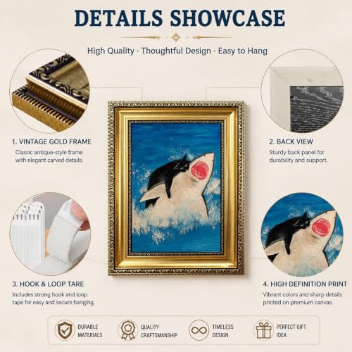 Vintage Gold Framed Black Cat Riding Shark Wall Art,9x11in - color: Cat Riding Shark Gold Framed, size: 11"L x 9"W