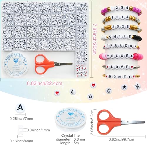 Amaney 1500 Pieces 4x7mm White Round Acrylic Alphabet Letter Beads A-Z Number Beads Star Beads Heart Beads and Crystal Line for Jewelry Making - color: White&Number, size: 7x4mm
