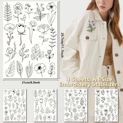 98Pcs Embroidery Paper Flowers Water Soluble Embroidery Patterns Plants and Floral Theme Stick and Stitch Wash Away Transfer Paper Stabilizers for Hand Sewing Beginners 11.7 x 8.3 Inch - color: Flower Plants