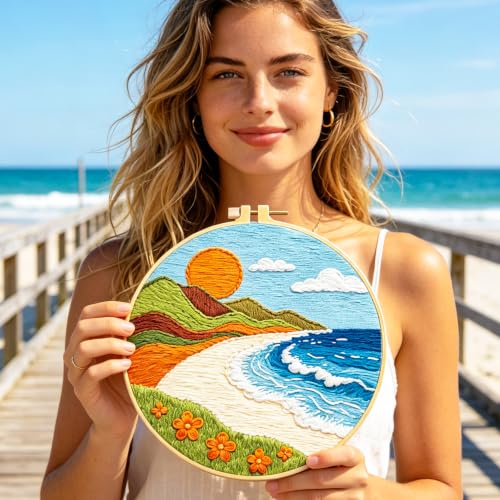 BEUNITONE 4 Set Embroidery Kit for Adults Beginner with Hoops & Instruction - style: C-Beginner Scenery
