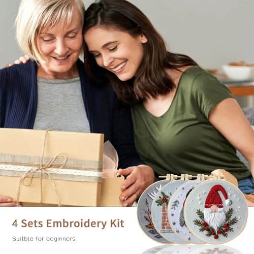 LB Christmas Gnome Embroidery Kit for Beginners: 4-Piece Cross Stitch Set with Penguin, Deer, Green Plant & Fireplace | Adults DIY Starter Kit Includes Hoop, Threads, Tools and Instructions - color: Grey
