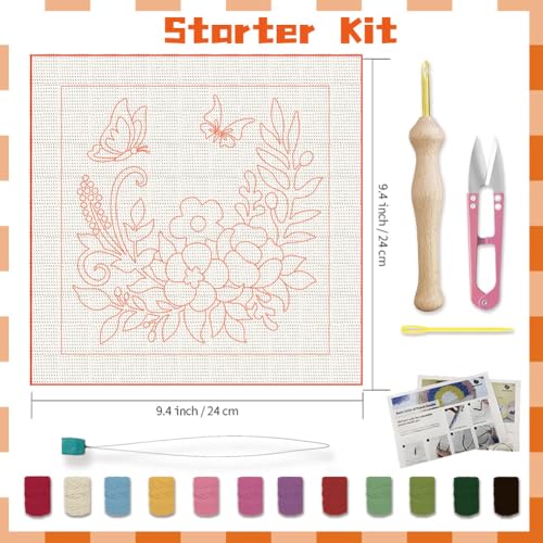 BEUNITONE 2 Sets Flower Punch Needle Kits Butterfly Beginner Punch Embroidery Kits with Frame Embroidery Starter Kits Punch Stitching Kit with Instruction for Wall Hanging Painting 9.4'' x 9.4'' - color: 07-Garland