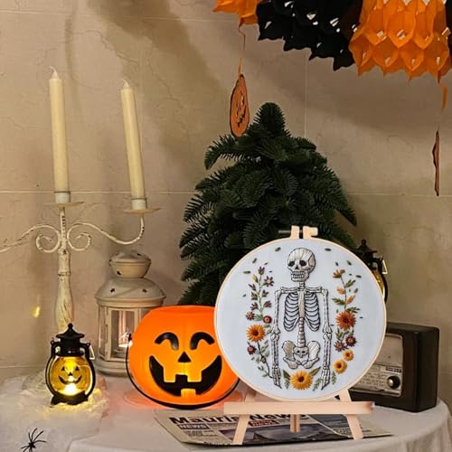 Floral Witch Hat Embroidery Kit Halloween Cross Stitch Material Set with Bat Skull Flower Pumpkin Patterns, DIY Hand Needlepoint Embroidery Craft Kit for Beginners Professional (Spooky Skeleton) - color: Spooky Skeleton