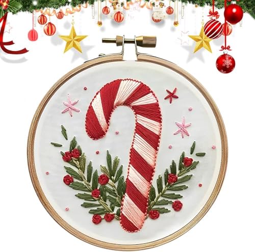 RUIQLXHANG Christmas Embroidery Kit, Christmas Gnomes Embroidery Kits for Beginners with Pattern, Cotton Threads, Needles, Instruction, 20cm Hoop, Gift for Mom, Grandma (Scepter Candy) - color: Scepter Candy