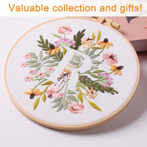Harimau Letter R Pattern Embroidery Kit for Adult Beginners, Complete Starter Pack with 1 Hoop, Needles, Instruction Guide & Embroidery Stitch Video Tutorials - color: R