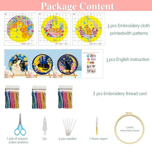 FEIYUENO 3 Sets Cross Stitch Embroidery Kit for Beginner Adults (Cat) - color: Cat