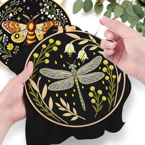 ERKOON Embroidery Kit for Adults, 5 Sets Flower Cross Stitch Set for Beginners Include Embroidery Cloth Hoops Threads for Craft Lover Hand Stitch with Skill Techniques (Starry Night) - color: Starry Night