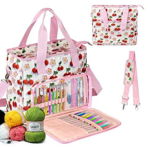 Large Crochet Bag for Yarn Storage - 6-Pocket Knitting Tote Organizer with Eyelets & Elastic Loops, Tear-Resistant Canvas Project Bag for Needles/Hooks, Portable Workstation for Crocheters (Cherry)