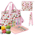 Large Crochet Bag for Yarn Storage - 6-Pocket Knitting Tote Organizer with Eyelets & Elastic Loops, Tear-Resistant Canvas Project Bag for Needles/Hooks, Portable Workstation for Crocheters (Cherry)