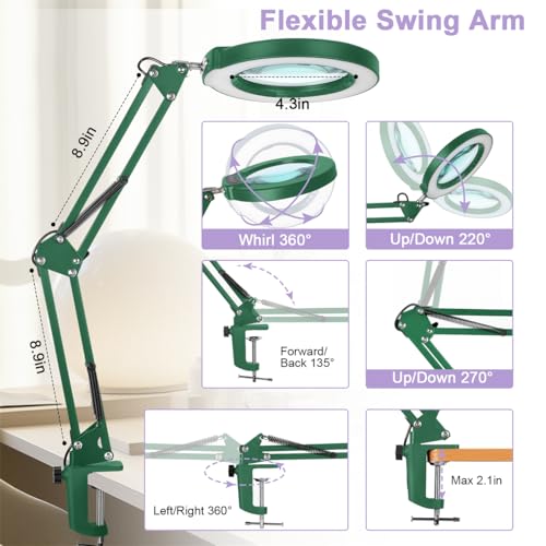 12X Magnifying Glass with Light and Clamp, Real Glass Lens Lighted Magnifier with Stand, 5 Color Modes LED Dimmable Magnifying Desk Lamp Hands Free for Crafts Painting Sewing Close Work - Green - color: Green, size: 12X 17.8inch Clamp
