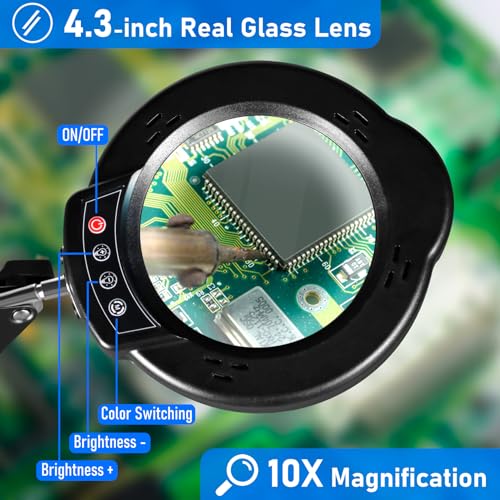 10X Magnifying Glass with Light and Stand, LED Desk Lamp with Clamp, 5 Color Mode, 10 Dimmable Levels, Hands Free for Reading Crafts Jewelry Sewing Close Work - color: Black, size: Standard Clamp