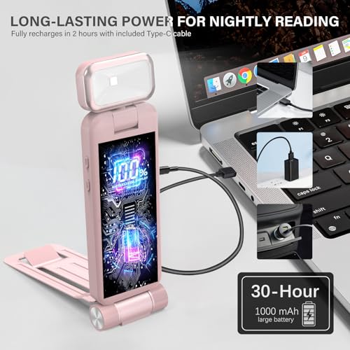 KTEBO Rechargeable Book Light with Clip & Battery Indicator, 9 Luminescence Modes, USB-C Portable 1.6 oz Ultralight Lamp for Night Reading in Bed, Readers - Pink - color: Pink
