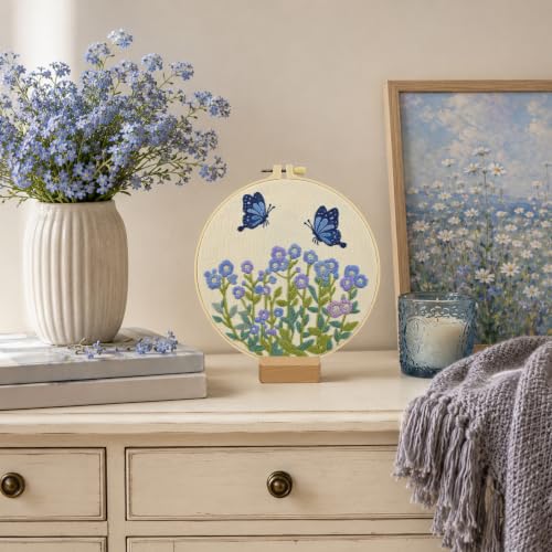 ElasignShopo Flower Embroidery Kit for Beginners Adults, Easy Cross Stitch Kit Forget Me Not Floral Pattern Embroidery Starter Kits Spring Summer with Wooden Hoop Needles Threads and Instruction - color: Forget Me Not Floral