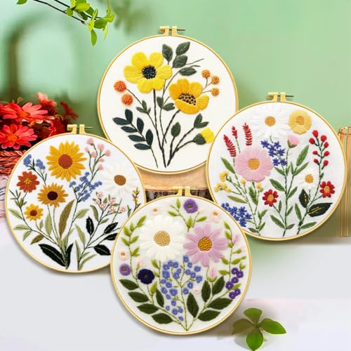 Zhenqing 4-Piece Floral Embroidery Kit for Beginners - Complete Set with Printed Cotton Fabric, Hoop, Threads & Tools (C0155) - color: C0155