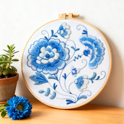 BEUNITONE 4 Set Embroidery Kit for Beginners, Blue Flower Cross Stitch Kits, Needlepoint Kits for Adults with Instructions and Full Kit, Classical Hand Embroidery Patterns for Cloth and Home Decor - style: B-Blue Flower