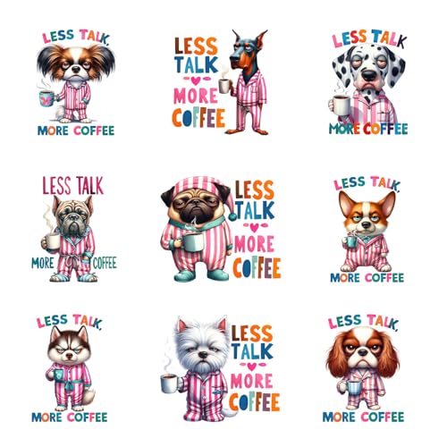 9pcs Coffee Dogs Iron On Decals Thermal Transfer Stickers for Clothing Appliqued Sublimation Patches Iron On Transfer Designs Heat Press Vinyl for Shirts Pillow Covers - style: 9PCS-M01Small)