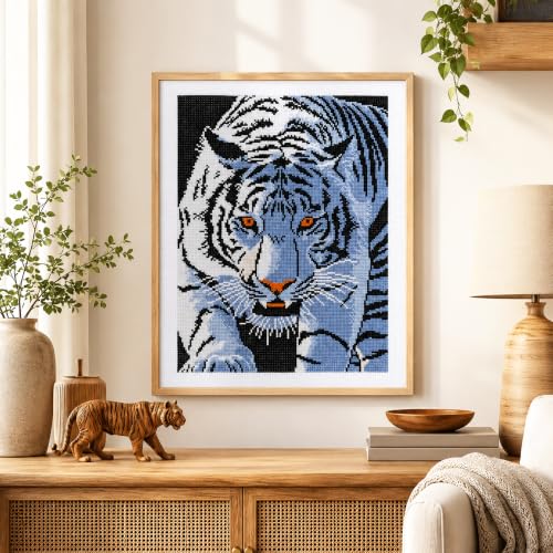 Zhenqing White Tiger Stamped Cross Stitch Kit for Beginners, 11CT Printed Full Coverage Tiger Portrait Pattern, 38 x 48 cm DIY Wildlife Animal Embroidery Needlework Set, No Hoop Needed - color: White Tiger Gaze