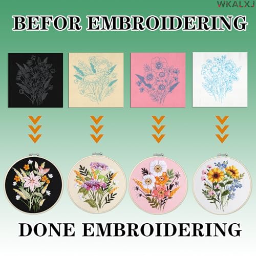 WKALXJ 4 Sets Embroidery Kits for Beginners Cross Stitch Kits Needlepoint Kits Crafts for Adults with Tools, Threads, Instructions, Needle Point Kits with Flower Stamped Patterns (Flowers B)