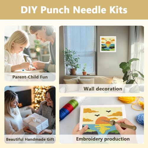 Doodlream Coastal Sunset Needle Kit for Beginner, 9.4"x 9.4" Cliffs Landscape Punch Stitching Craft Set, Color DIY Embroidery Starter with Printed Frame, Instruction, Threader, Yarn, Pinch Needle - color: Sunset