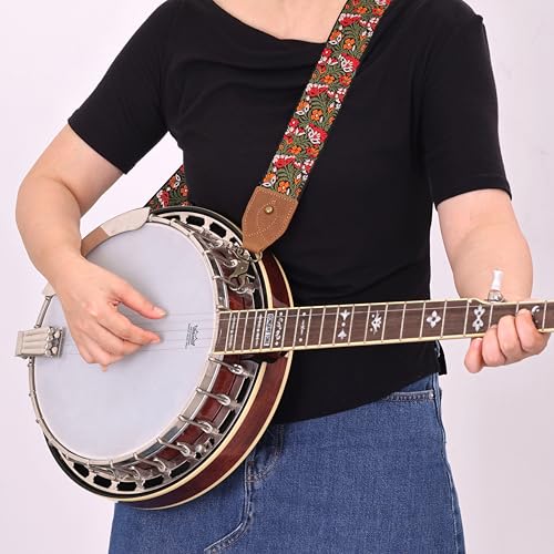 Nefelibata Banjo Strap,2"Wide Double Crazy Horse Leather Jacquard Embroidery Strap Adjustable Replacement,Multi-pattern Strap With Metal Clips - color: A#-green Embroidery