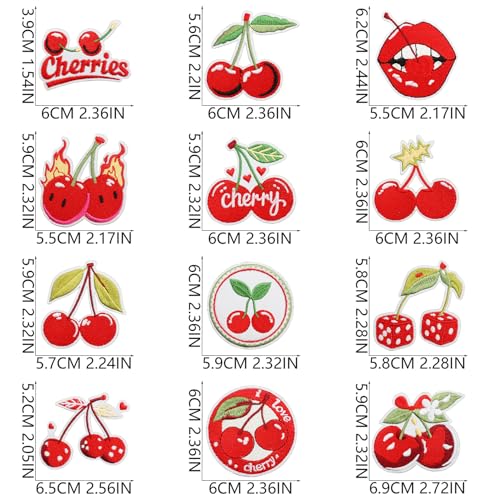 16pcs Cherry Iron/Sew on Patches, Cute Sweet Embroidered Applique, Red Decoration for Clothes, Hat, Bag, Jeans, Dress, Shirt - color: 16pcs Cherry